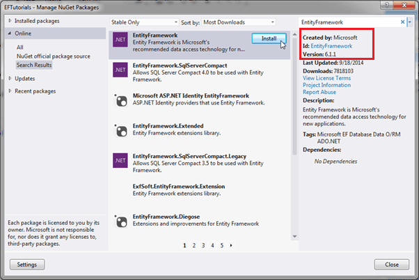 Entity Framework install